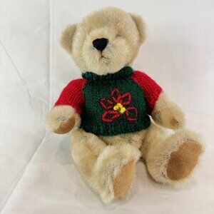 Seated PlushTeddy Bear In Knit Sweater With Poinsettia Flower Design Stuffed
